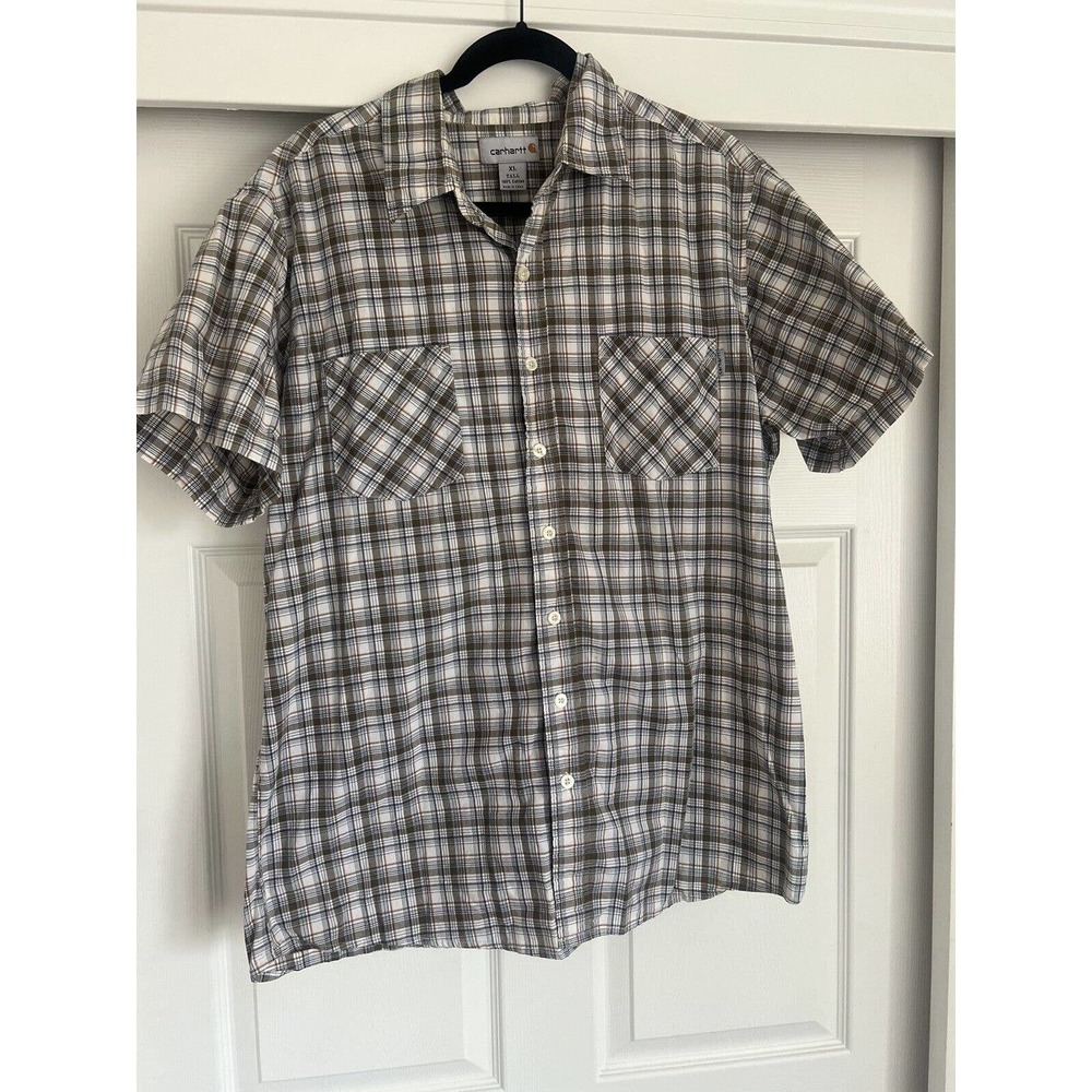 Carhartt Short Sleeve Shirt Size XL Tall Button Up Striped Plaid Brown Beige